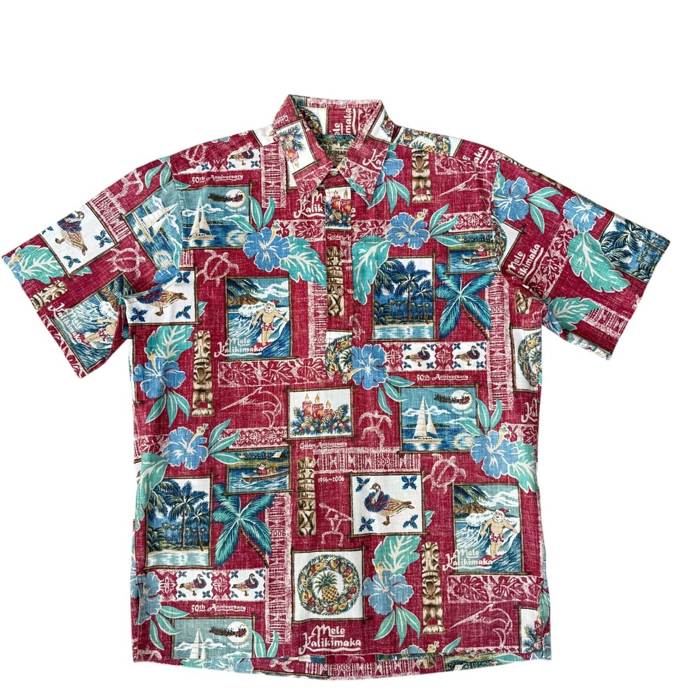 Reyn Spooner Mele Kalikimaka 2006 Anniversary Hawaiian Shirt Red Mens Medium